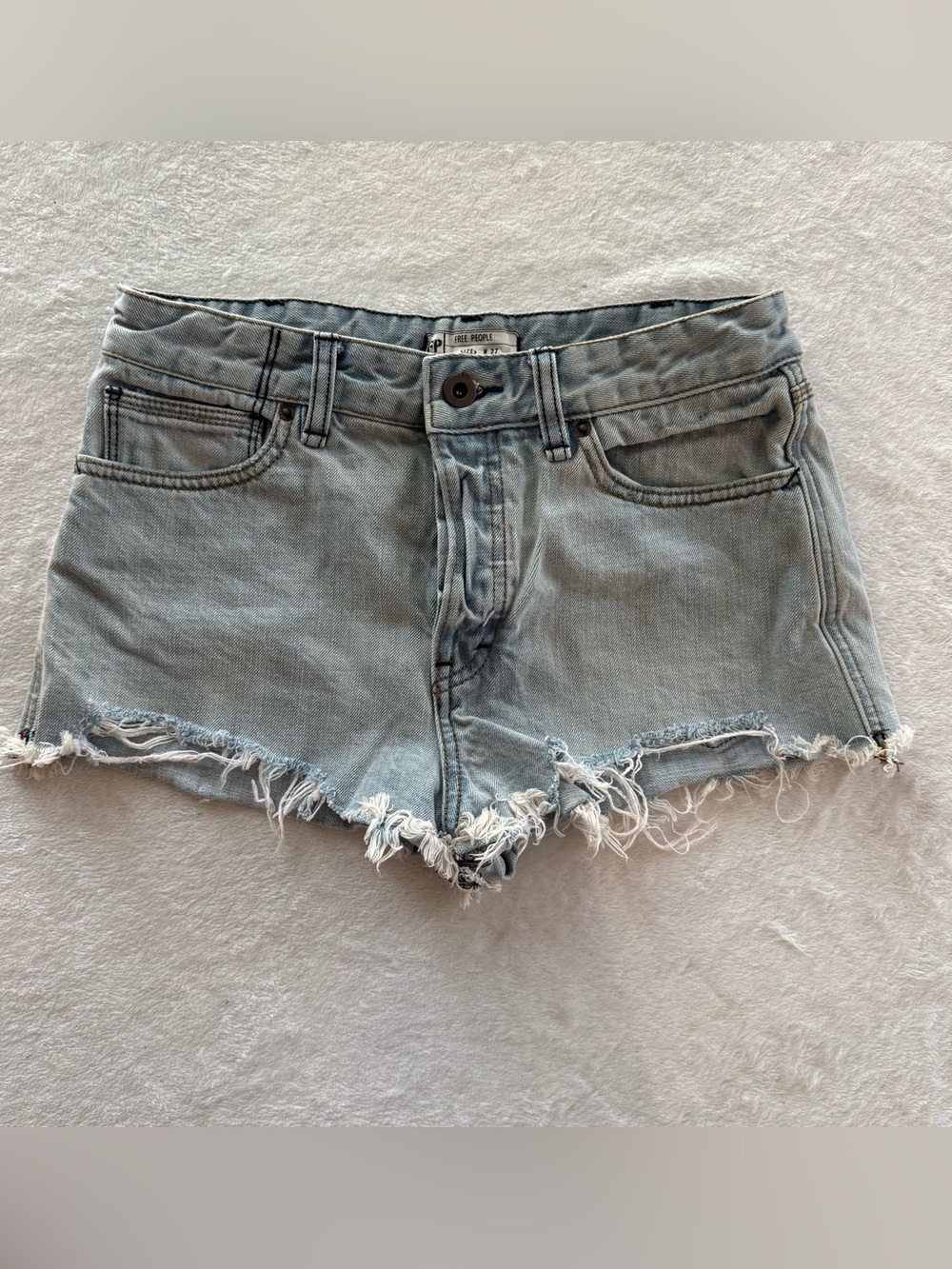 Free People Light Wash Frayed Hem Denim Shorts